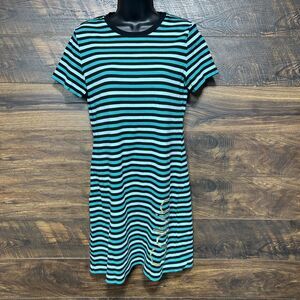 Calvin Klein T- Shirt Dress Short Sleeve Teal Spell Out‎ Striped Women's Medium